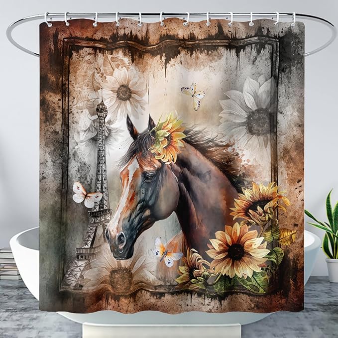 AILONEN Horse Shower Curtain,Sunflower Eiffel Tower Horse Bath Curtain,Retro Horse Polyester Waterproof with 12 Plastic Hooks 72" W*78" H