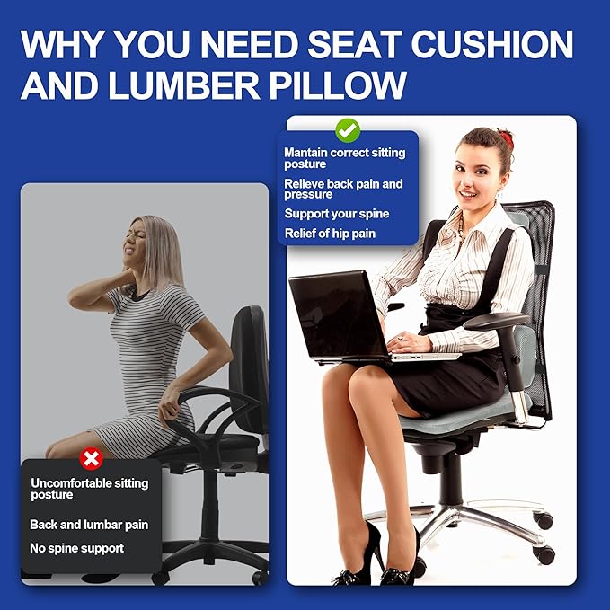 HOMBYS Lumbar Support Pillow for Office Chair with Seat Cushion, T Shape Backrest Pillow Improved Sitting Posture and Upper/Lower Back Pain Relief for Desk Chairs, Car Seats and Airplanes, Light Grey