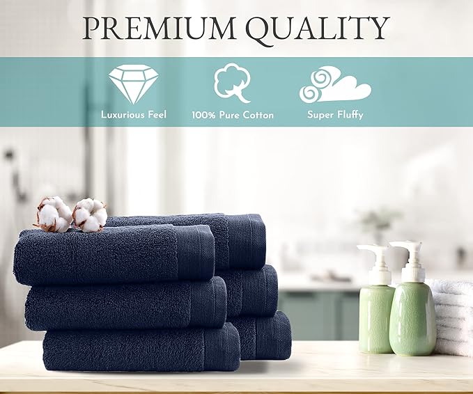 California Design Den Luxury 100% Cotton Hand Towels - Pack of 6, Extra Soft & Fluffy, Quick Dry & Highly Absorbent, Hotel Quality Towel Set for Gym, Salon, Spa & Home Care, Navy Blue - 16" x 28"
