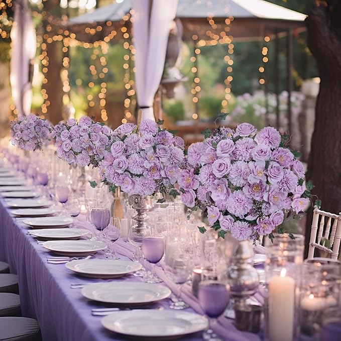 Premium Purple Artificial Flowers Bouquet, Silk Fake Flower Decoration, Faux Floral Arrangements for Wedding Bridal Bouquets and Home Table Centerpieces Décor
