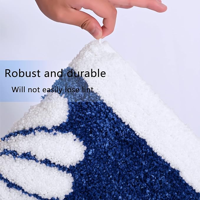 Fluffy Bath Mat, White Flower Soft Superfine Fiber Non Slip Machine Wash Plush Mats, Shower Room (20x32, Blue)