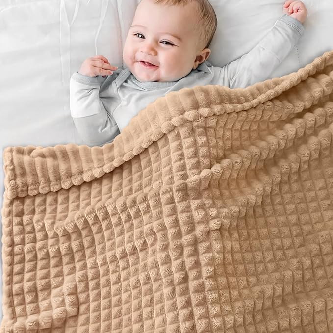 HOMRITAR Baby Blanket for Boys 3D Square Grid Design Super Soft Fuzzy Cozy Warm Toddler Blanket Plush Fluffy Receiving Blankets for Newborn Infant Nursery or Stroller Tan 30 x 40 Inch