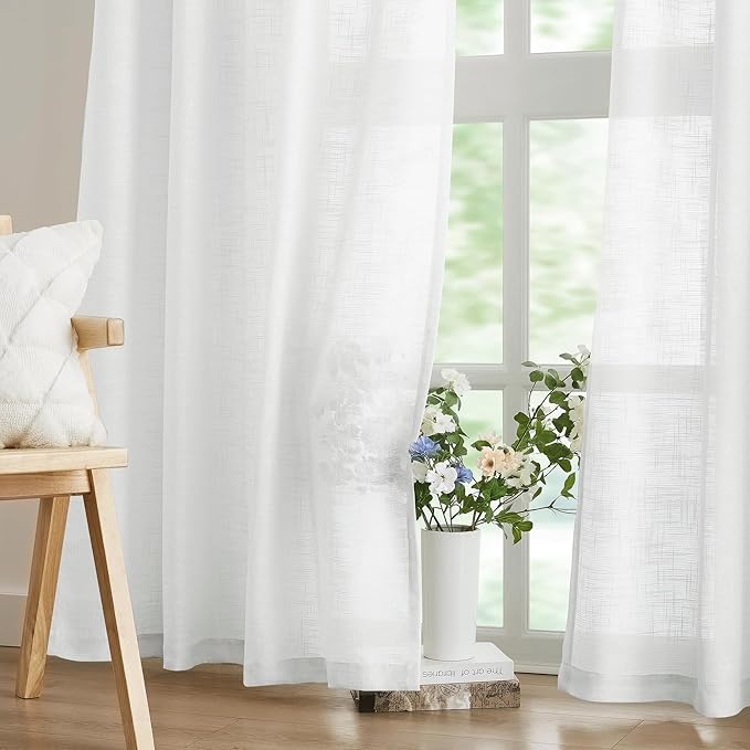 FMFUNCTEX Sliding Door Curtains White Linen Textured Sheer Curtains 84" Living Room 100" Width Extra Wide Patio Glass Door Panel Room Divider Drapes Large Semi Sheer Window Panels Rod Pocket 1 Panel
