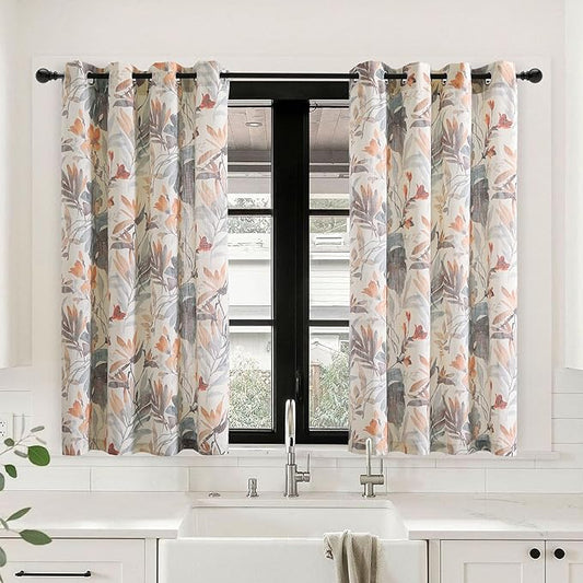 MYSKY HOME Floral Curtains 54 inches Long Light Filtering Curtain for Living Room, Drapes for Bathroom Flower Printing Window Treatment Grommet 2 Panels,Coral and Natural