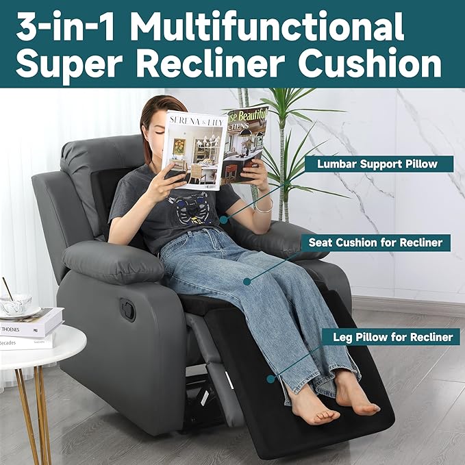 HOMBYS 3-in-1 Recliner Seat Cushion with Lumbar Support Pillow & Footrest, Multi-Functional Adjustable Height 2" to 6" for You to Choose, Non-Slip Memory Foam Chair Cushion for Elderly, Black