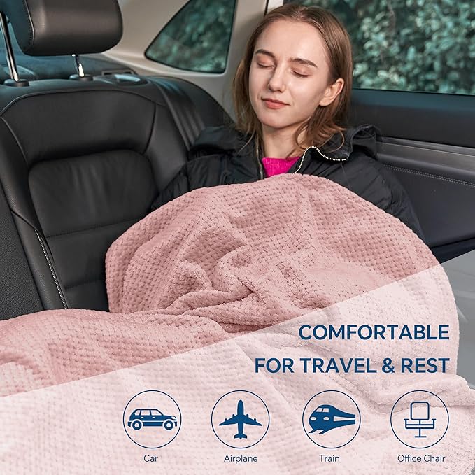 BEDELITE Travel Blanket and Pillow Set, Portable and Packable Jacquard Travel Blanket Airplane Compact with Bag, Airplane Blanket Travel Essentials for Women with Luggage Sleeve & Backpack Clip, Pink