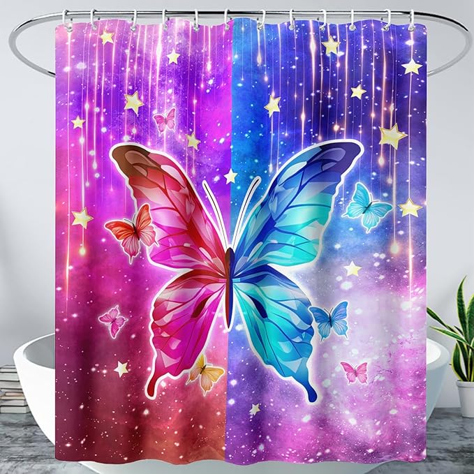 AILONEN Butterfly Shower Curtain,Red and Blue Butterfly Bath Curtain,Tie Dye Starry Rainbow Modern Decorative Shower Curtain with 12 Plastic Hooks (Kids/Girls/Women/Teen/) 36" W*72" H