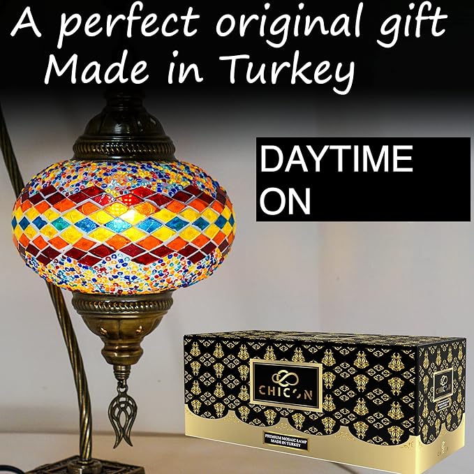 CHICON Handmade Mosaic Tiffany Boho Lamp | Genuine Glass Mosaic | A Piece of Art in Unique Moroccan Bohemian Small Table Lamp - SWAN Fire Wave Orange Red