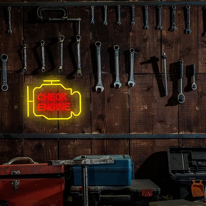 Check Engine Neon Signs for Wall Decor, Personalized LED Neon Garage Signs Car Check Neon Lights Sign, Garage Accessories Light Up Signs for Man Cave Auto Room Repair Shop Workshop Gaming Room Party