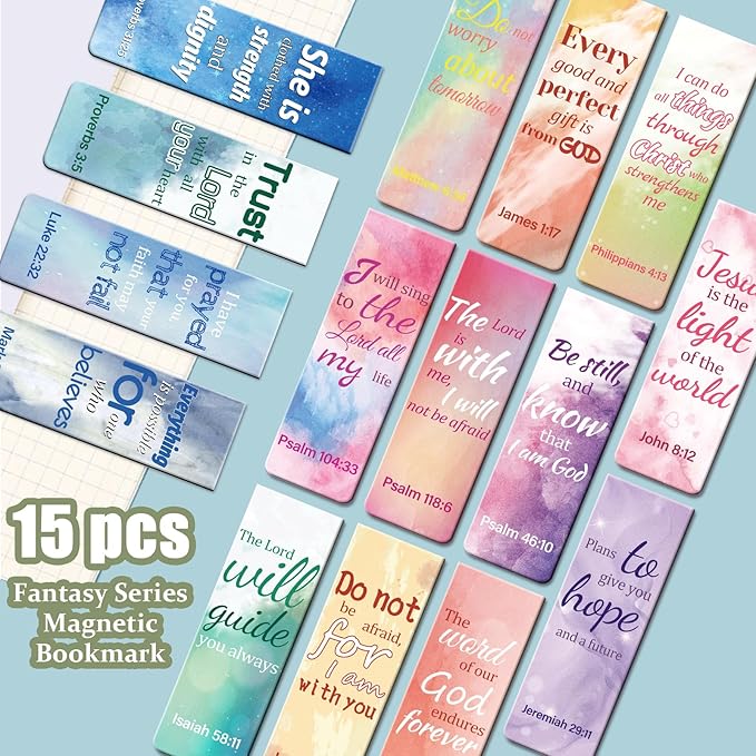 Kaluofan 15PCS Large Bible Quotes Magnetic Christian Bookmarks - Double Sided Magnet Book Markers for Women Students Teachers Supplies