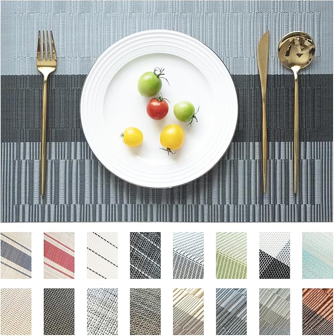 Placemats Set of 4 Vinyl/Plastic Woven Place Mats for Kitchen Table Indoor/Outdoor Washable Placemat Wipeable Dining Table Mats (Ombre Silver Grey Black,4)