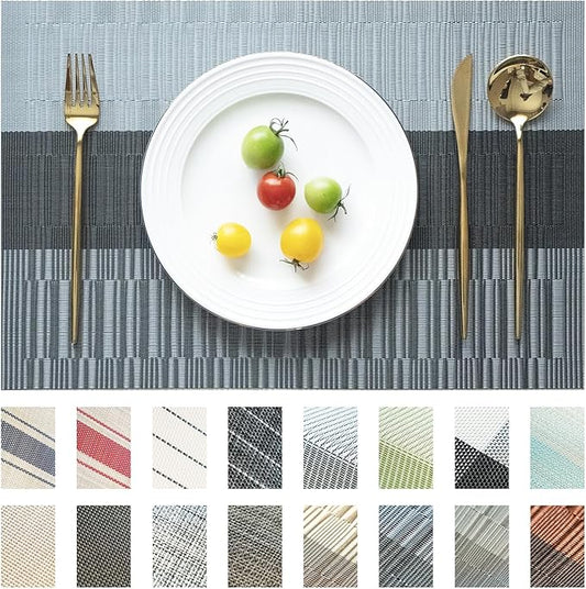 Placemats Set of 4 Vinyl/Plastic Woven Place Mats for Kitchen Table Indoor/Outdoor Washable Placemat Wipeable Dining Table Mats (Ombre Silver Grey Black,4)