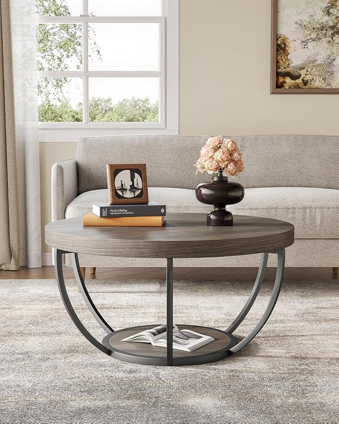 LITTLE TREE Round Coffee Table, 32" Circle Coffee Table for Living Room, 2-Tier Wood Accent Center Table with Open Storage Industrial Design Home Furniture (Grey and Black)