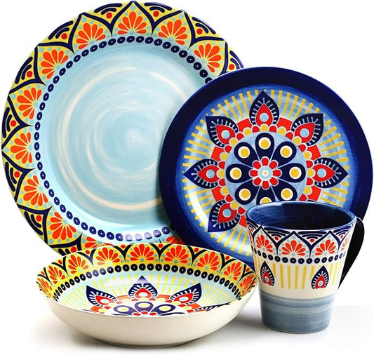 Elama Zen Blue Mozaik Multicolored Round Stoneware Mandala Pattern Dinnerware Set, 16 Piece