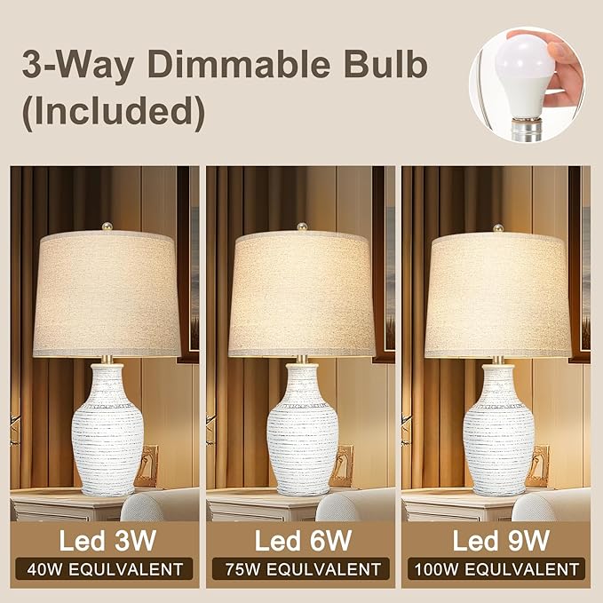 23" Blue Washed Ceramic Table Lamps Set of 2,Lamps for Living Room with 3-Way Dimmable Bulb,Rotary Switch,Bedside Lamp with Linen Shade,Nightstand Table Lamps of 2 for Bedroom,Reading(Bulb Included)