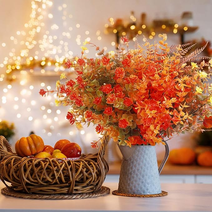 Ouddy Decor 24 Bundles Artificial Fall Flowers for Outdoor Decoration UV Resistant Fake Plastic Plants Faux Boston Fern for Autumn Indoor Outdoor Garden Patio Fireplace Window Box Kitchen Home Decor