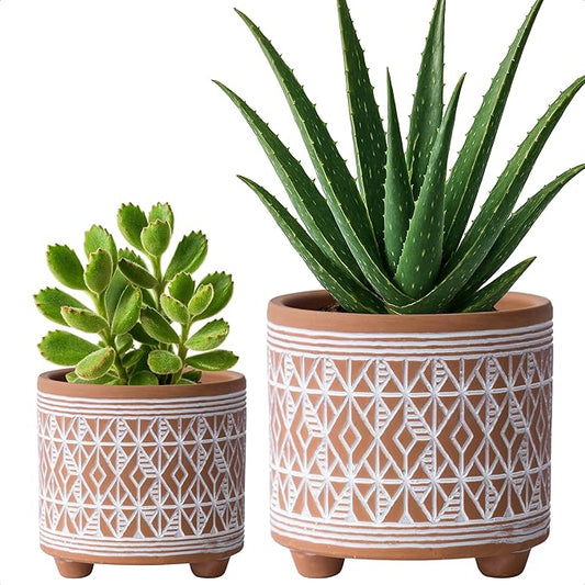 D'vine Dev Set of 2 Terracotta Planter Pots, 4 Inch & 6 Inch, Design Plants Pot with Drainage Hole, Savanna Weave, Terracotta/White, 31-953-G-1
