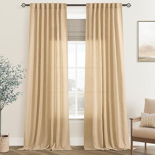 Tan Linen Curtains 108 inches Long for Living Room Back Tab Rustic Farmhouse Semi Sheer Light Filtering Window Curtain Dining Room Soft Thick Flax Linen Textured Drapes Kahki 52x108