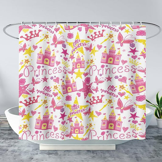 AILONEN Princess Castle Shower Curtain,Cartoon Butterfly and Rose Bathroom Shower Curtain for Girls Boys Kids Teens, 72" W*72" H Pink Glitter Star Theme Bathroom Decor