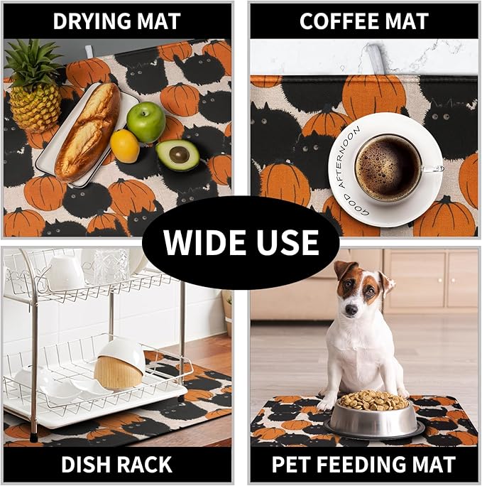Happy Halloween Dish Drying Mat for Kitchen Counter 18x24 Inch Cute Pumpkin Black Cat Trick or Treat Drying Mats Large Microfiber Absorbent Dish Rack Pad for Coffee Bar Sinks Home Accessories