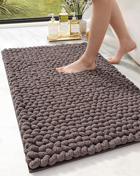 DEXI Bathroom Rugs 17x30, Non Slip Washable Bath Mat, Luxury Chenille Super Absorbent Thick Bathmats for Shower Floor, Plush Fluffy Shaggy Carpet for Tub, Brown