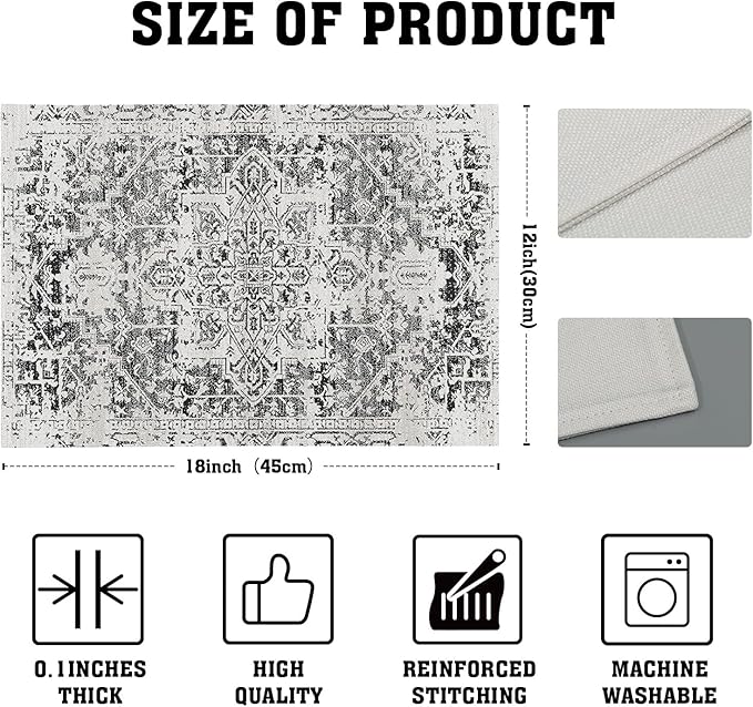 Gray Black Boho Placemats Set of 4 Ethnic Bohemian Carpet Place Mats Washable Kitchen Dining Vintage Grey Geography Floral Linen Table Mats Stain Heat-Resistant Cloth Tabel for Home Party 12x18 in