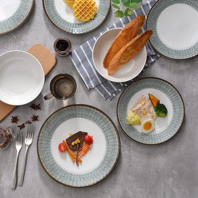 Melamine Dinnerware Sets,12pcs Plates and Bowls Sets, Melamine Dishes Set for 4, Unbreakable,Dishwasher Safe, BPA Free,Great for Indoor Use,Camping, BBQ,RV, Party,Rustic Style (Teal)