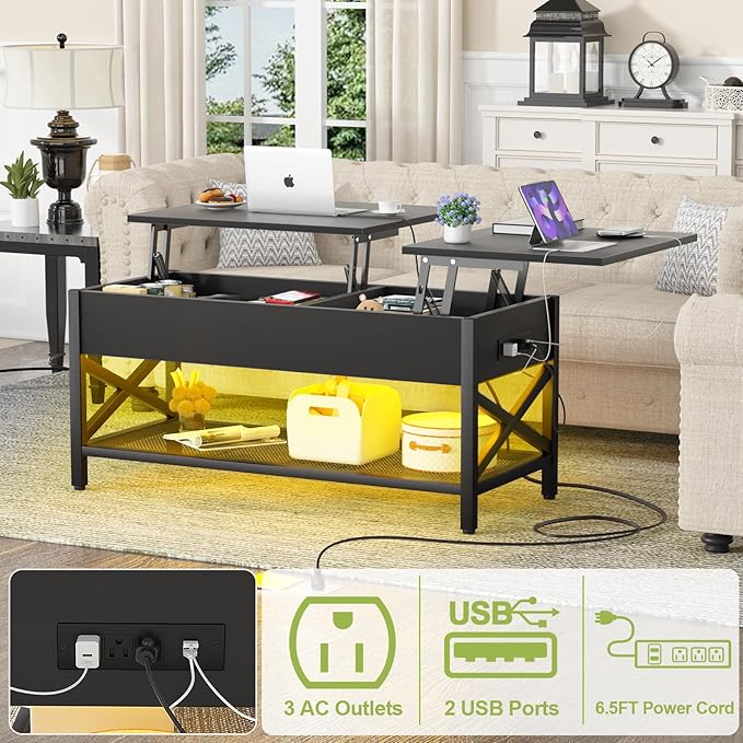 Aheaplus Black Lift-Top Coffee Table with LED Light, Power Outlets and Storage Shelf, 41.7"W x 19.69"L x 19.7"H