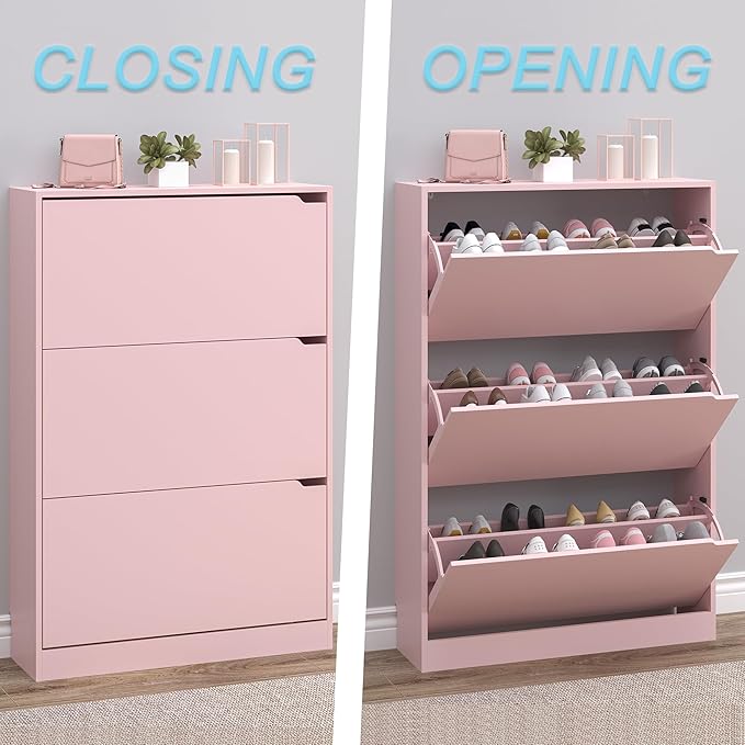 Shoe Cabinet with 3 Flip Drawers, Hidden Wood Shoe Cabinet,Freestanding Shoe Storage Cabinet for Entryway Hallway.White. 47.2" H*31.5" W*9.25" D (Pink)