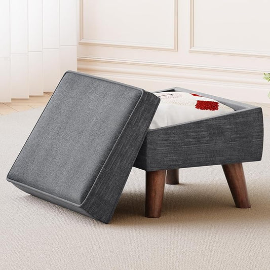 Small Footstool Ottoman with Storage, Ottoman Foot Rest, Modern Foot Stool with Adjustable Lid and Sturdy Wood Legs for Living Room, Bedroom, Couch, Enterway, Light Gray