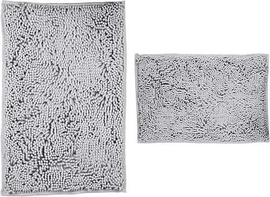 Light Gray Bathroom Rugs 2 Pieces Chenille Bath Rug Mat, Extra Thick and Soft Absorbent Bath Rugs, Machine Washable, Non-Slip Plush Bath Mats for Tub, Shower, (Light Gray, 32"x20"+24"x16")