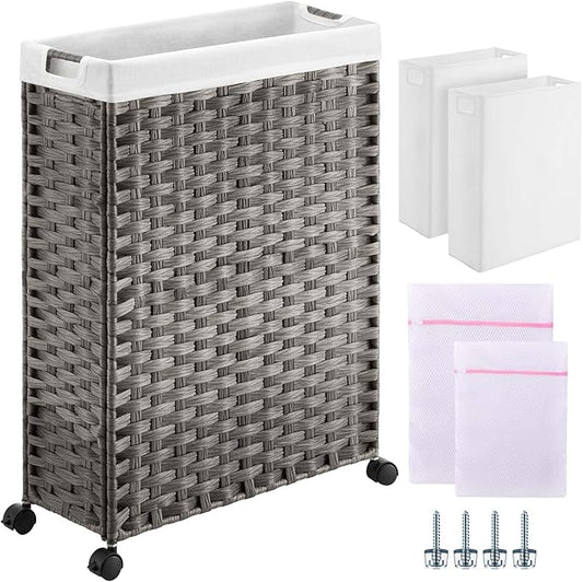 Greenstell Laundry Hamper with Wheels, 17.4 Gallon (66L) Slim Laundry Basket with 2 Removable Liner Bags & 2 Mesh Bags, Narrow Rattan Clothes Hamper for Bedroom, Laundry Room, Bathroom, Grey