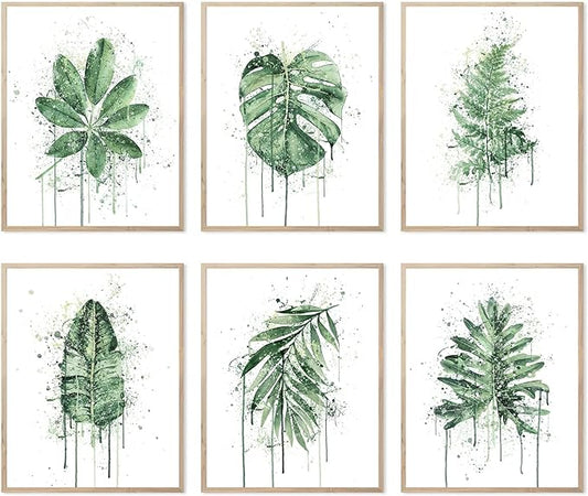 HoozGee Sage Green Leaf Poster Watercolour Splash Botanical Plant Wall Art Print Boho Plant Wall Decor Canvas Leaves Prints for Kitchen Bedroom Livingroom Bathroom Wall Decor (8"x10" UNFRAMED)