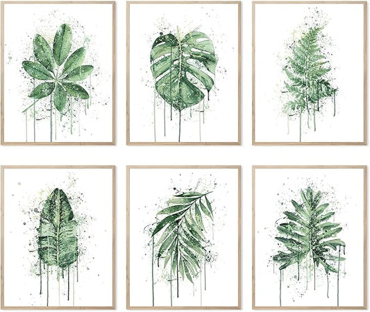HoozGee Sage Green Leaf Poster Watercolour Splash Botanical Plant Wall Art Print Boho Plant Wall Decor Canvas Leaves Prints for Kitchen Bedroom Livingroom Office Wall Decor (11"x14" UNFRAMED)