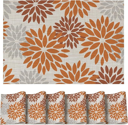 Artoid Mode Floral Vinyl Placemats Set of 6, Heat Resistant Washable Non-Slip Plistic PVC Place Mats for Fall Thanksgiving Party Kitchen Dining Decor, Orange