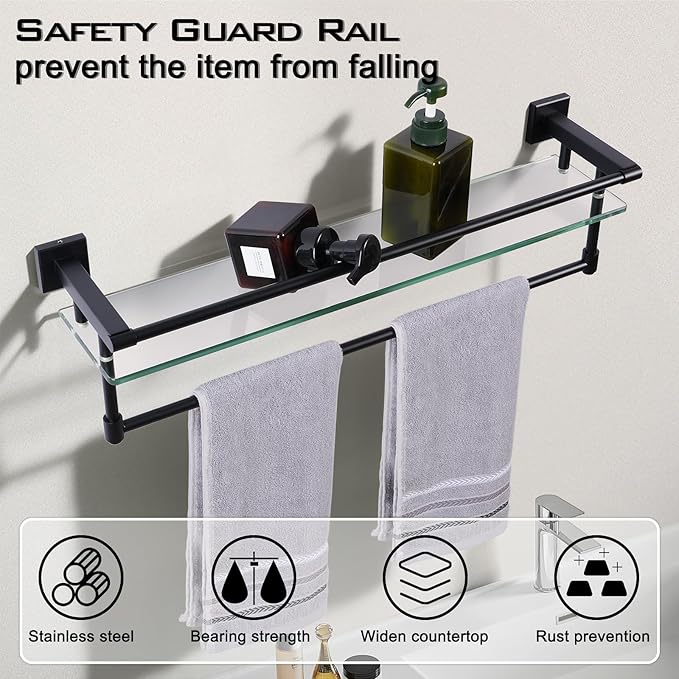 Glass Shelves for Bathroom with Towel Bar/Rack 24" Tempered Glass Shelves with Stainless Steel Towel Holder for Wall Shelf Sink Over Toilet (Matte Black)