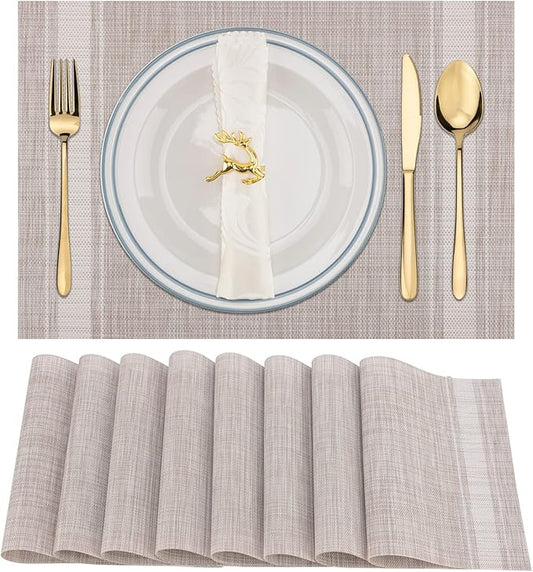 Winknowl Placemats, Set of 8 Heat Resistant Stain Resistant Non-Slip Woven Vinyl Insulation Placemats, Washable Durable Elegant Table Mats for Dining (Beige White)
