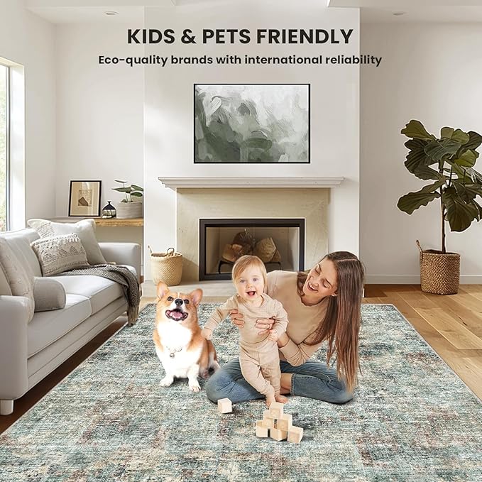 6x9 Area Rugs - Machine Washable Area Rugs for Living Room, Soft Washable Rugs 6x9, Non-Slip Area Rug, Stain Resistant Abstract Low Pile Thin Rug