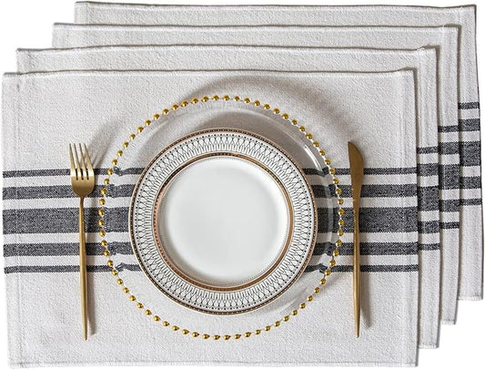 Placemats Set of 4 for Dining Table, Woven Cloth Place Mats for Kitchen Tabletop Décor, Handcrafted Machine Washable Cotton Table mats 13 x 19 Inch, Black and Beige