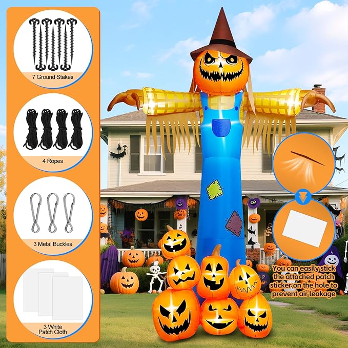 Kalolary 12.5 FT Halloween Inflatables with Music, Giant Pumpkin Scarecrow Inflatable with LED Light Blow Up Yard Decor with Scary Sound for Outdoor Garden Lawn Holiday Party Supplies