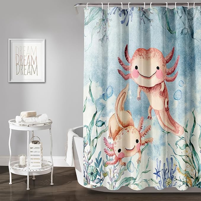 AILONEN Cute Axolotl Shower Curtains,Seaweed Salamander Bath Curtain for Kids Bathroom Decor,Polyester Waterproof with 12 Plastic Hooks 72" W*84" H