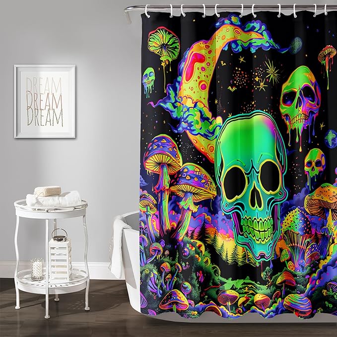 AILONEN Mushroom Skull Shower Curtain for Bathroom, Green Starry Moon Skull Bath Curtain,Fantasy Fungus Skeleton Decor Bathroom Waterproof Curtain with 12 Plastic Hooks, 60" W*72" H