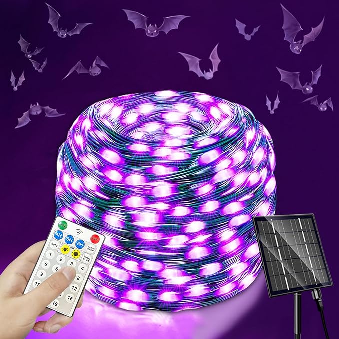 Halloween Decorations Lights, Solar String Outdoor Lights Purple 500LED Solar Outdoor Waterproof 19 Modes Decorations for Fence Balcony Holiday Party