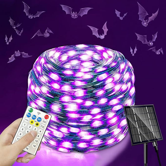 Halloween Decorations Lights, Solar String Outdoor Lights Purple 500LED Solar Outdoor Waterproof 19 Modes Decorations for Fence Balcony Holiday Party