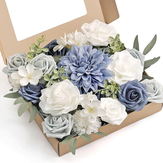 MISSPIN Artificial Flowers DIY Box Set Fake Roses Bouquet Bridal Wedding Flowers Colorful Centerpiece Table Decorations Boho Faux Floral with Stems Arrangements for Cake Home Party Indoor Outdoor