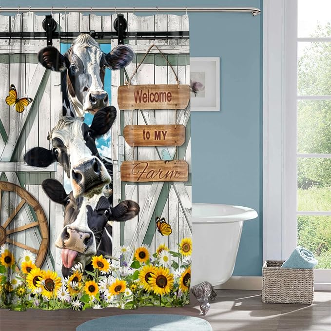 Farmhouse Cow Shower Curtain Funny Animal Butterfly Sunflower Cow Shower Curtains for Bathroom Decor Waterproof Polyester Fabric Western Barn Door Bathroom Curtain with Hooks 72x72 Inch