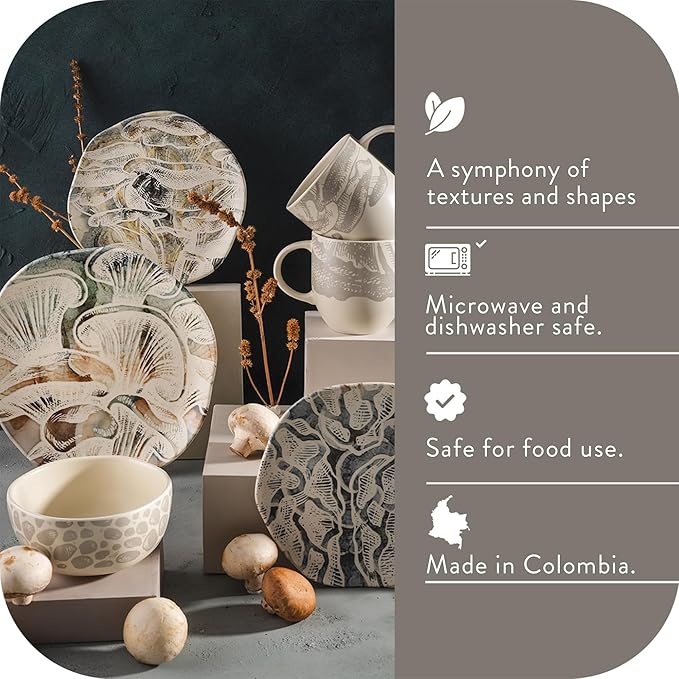 Corona 16–piece Earth Tones Fungi Mushroom Design Ceramic Dinnerware Sets | Plates Bowls and Mugs Set | Service For 4 | Ziba