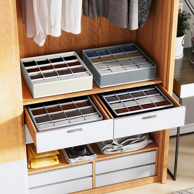 Joyoldelf Sock Drawer Organizer Divider Underwear Organizer 16-cell Fabric Dresser Drawer Organizers Storage Boxes for Socks Lingerie, Handkerchiefs, Ties 4 Pack (Blended-Grey)