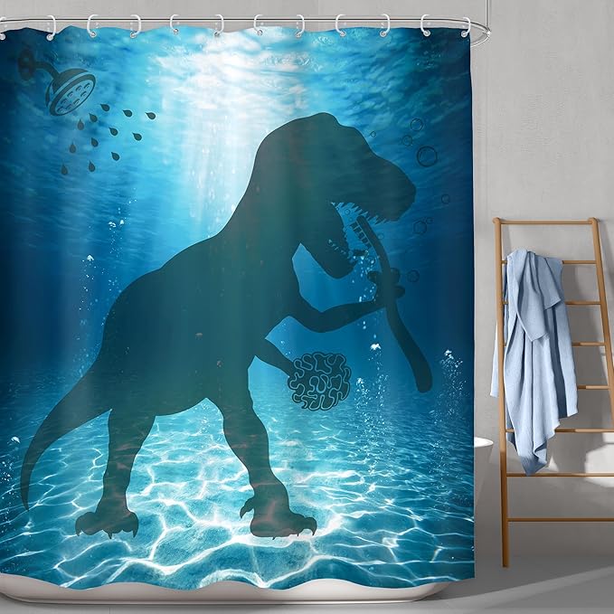 LGhtyro Kids Ocean Sea Dinosaur Shower Curtain Bathroom Set 60Wx71H Inches Underwater Funny Dino Boys Bathing Trex Raptor Bath Accessories Cartoon Animal Silhouette Art Home Decor Fabric 12 Pack Hooks