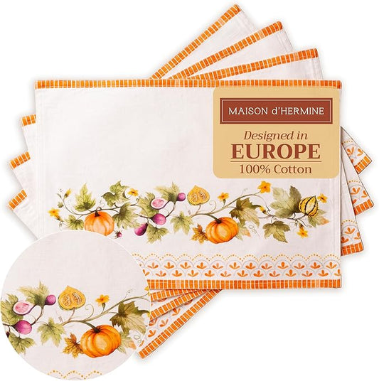 Maison d' Hermine Placemats Set of 4 100% Cotton Washable Cloth Place Mats, Reusable Table Mats for Kitchen Dining Decoration, Party, Wedding, Restaurant (Pumpkin Garden - Cloudy Cream, 13" x 19")